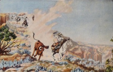 two boys singing Painting - cowboys hunting wisent